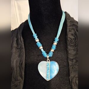 Blue Enamel & Rhinestones Multi-Strand Beaded Heart Pendant Necklace -
